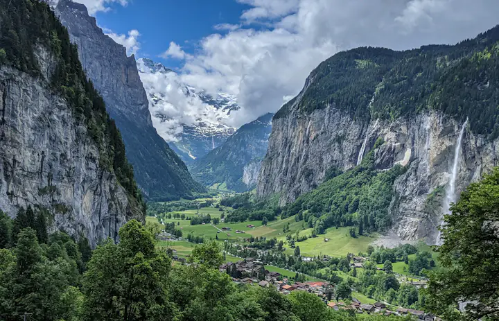 Waterfall and meadow views in the Lauterbrunnen valley, Switzerland